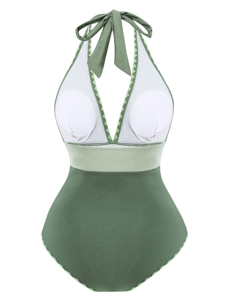 Grün 1950er V-Ausschnitt Halter Rückenfrei Gerüschtes Bademode