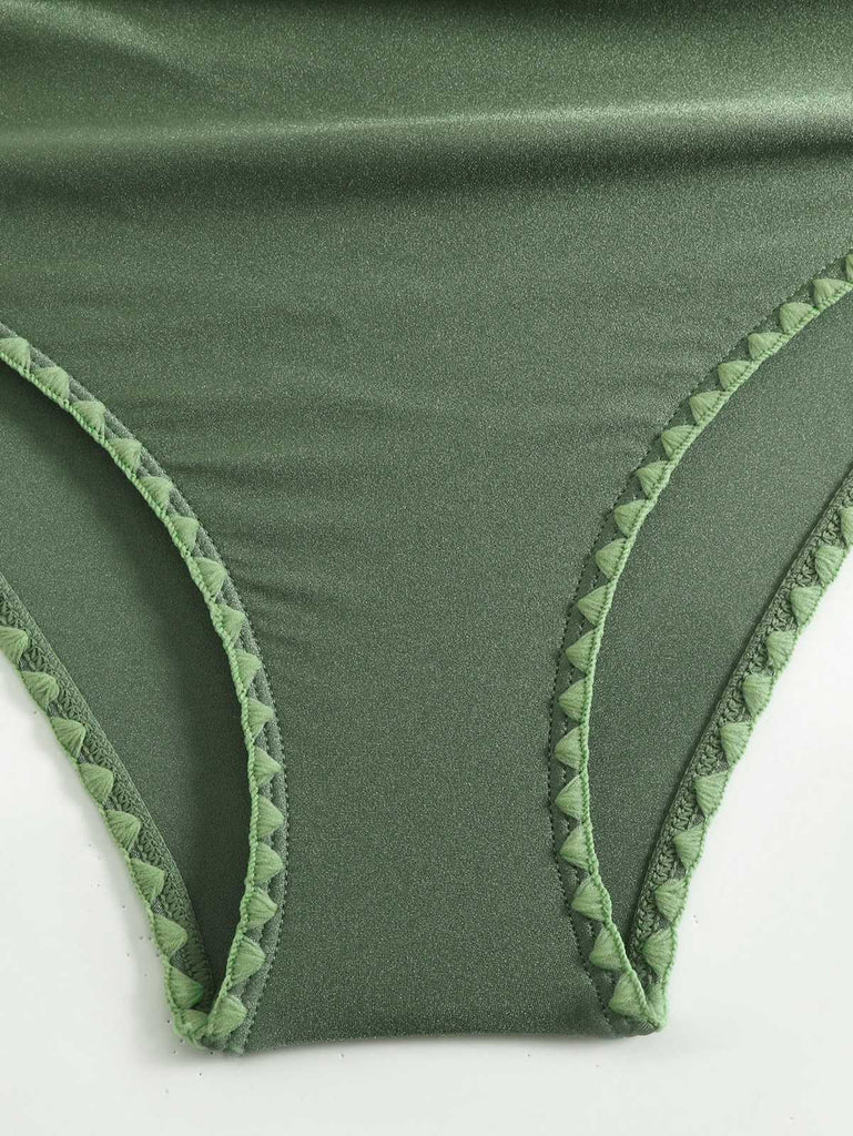 Grün 1950er V-Ausschnitt Halter Rückenfrei Gerüschtes Bademode