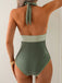 Grün 1950er V-Ausschnitt Halter Rückenfrei Gerüschtes Bademode