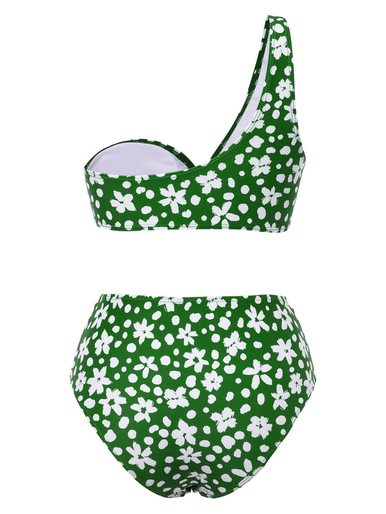Grün 1950er Eine Schulter Blumen Bikini Set