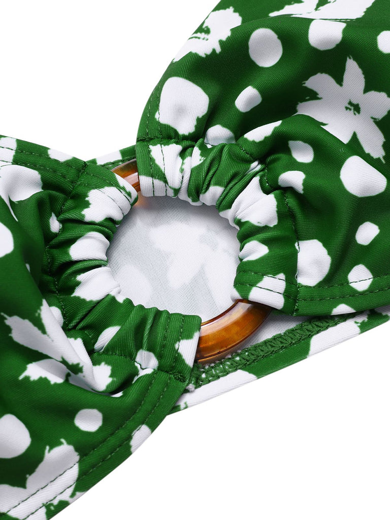 Grün 1950er Eine Schulter Blumen Bikini Set