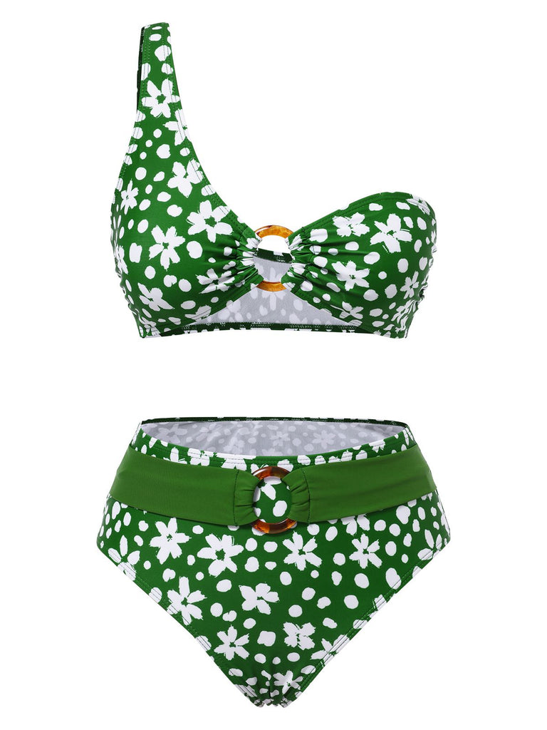 Grün 1950er Eine Schulter Blumen Bikini Set