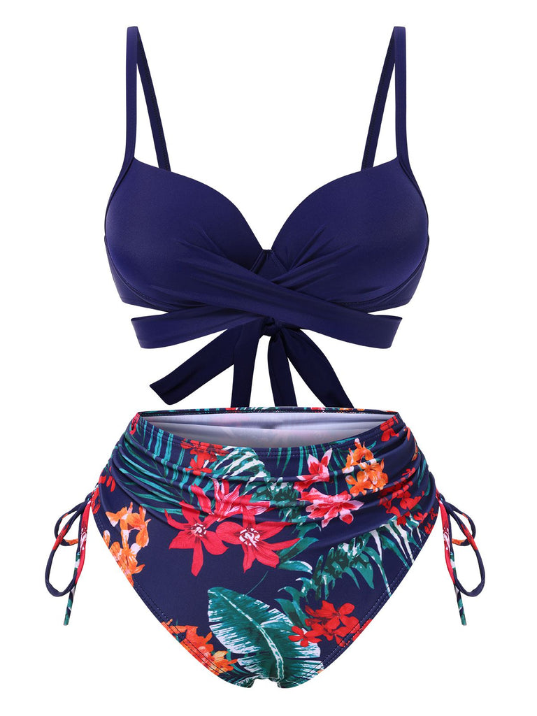 2PCS Blau 1960er Blumen Pflanze Drucken Bikini Set & Cover-Up