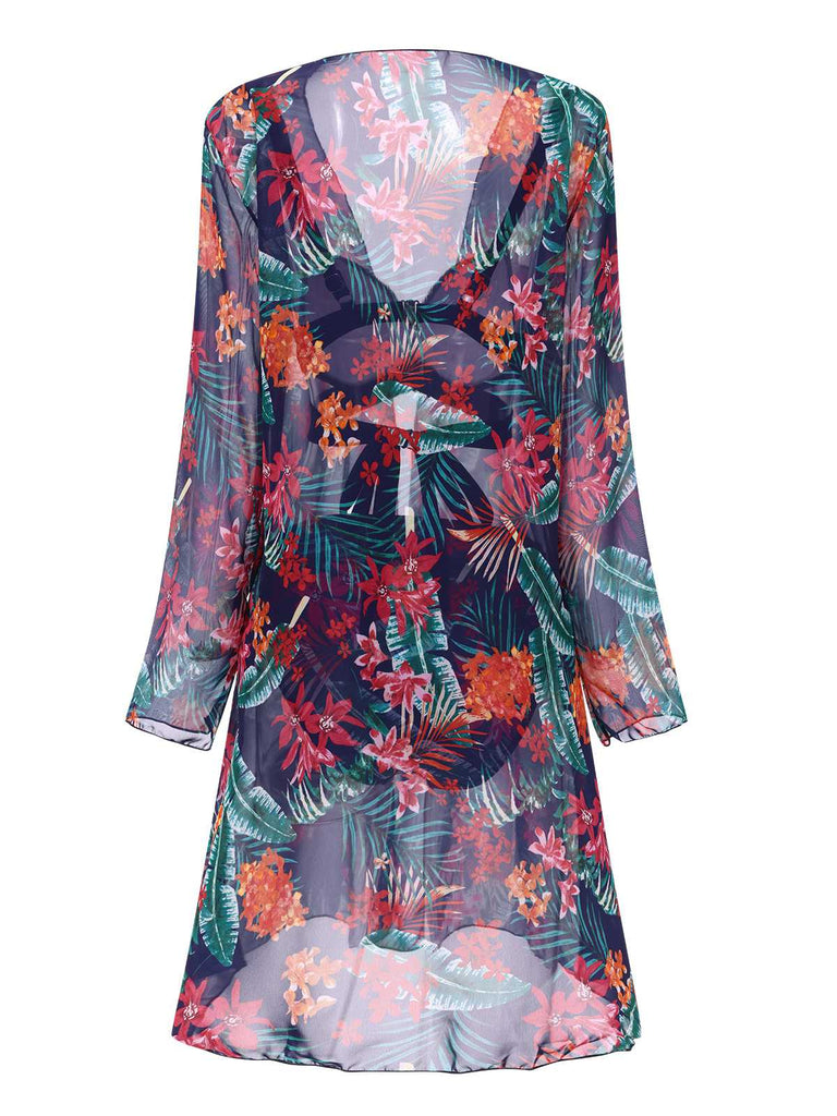 2PCS Blau 1960er Blumen Pflanze Drucken Bikini Set & Cover-Up