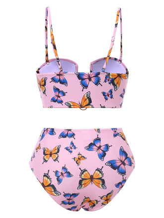 Rosa 1950er Hohl Ring Schmetterling Bikini Set