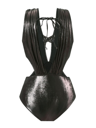 Schwarz 1970er Solide Hohl Riemchen Glänzend Badeanzug