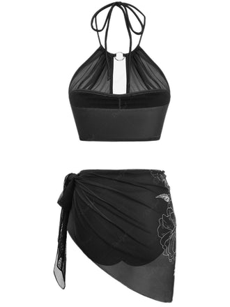2PCS Schwarz 1980er Gothic Schädel Netz Halfter Bikini Set & Cover Up