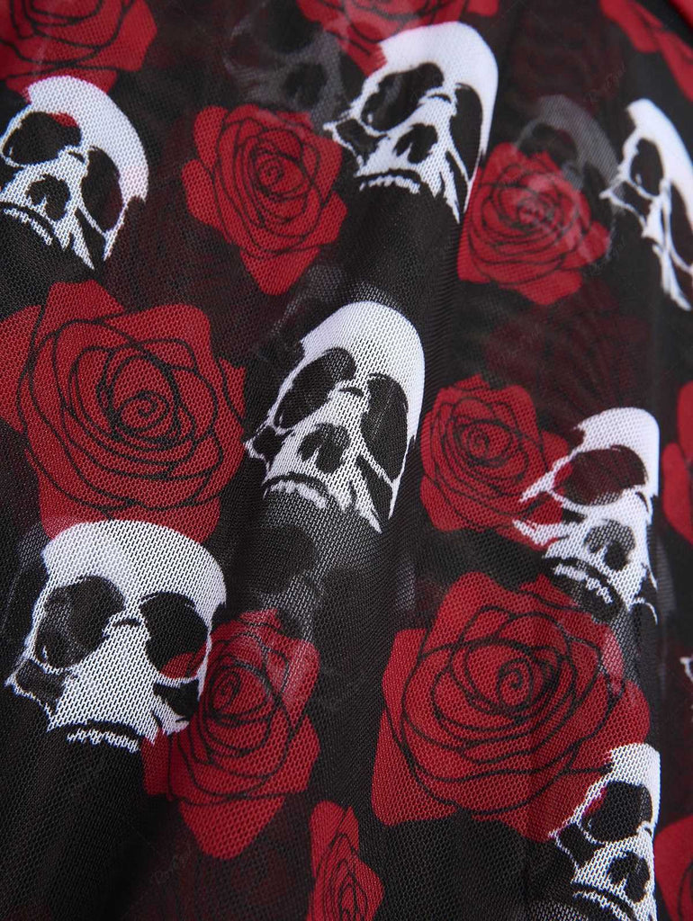 Schwarz & Rot 1980er Gothic Schädel Rose Halfter Rock Bademode