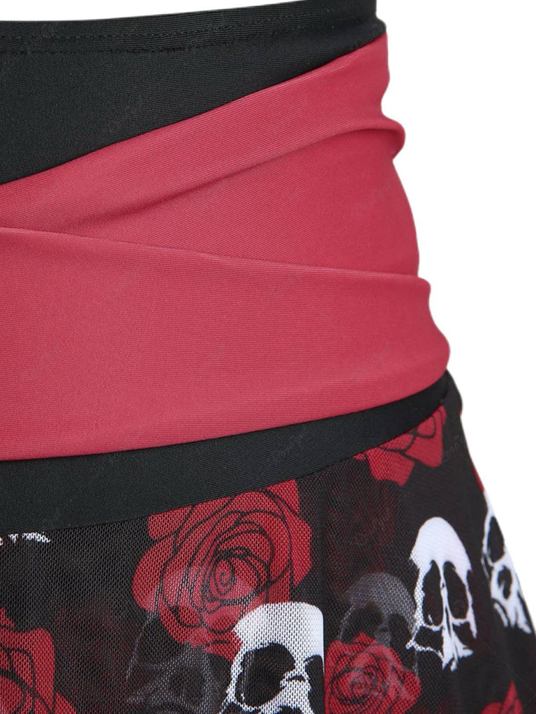 Schwarz & Rot 1980er Gothic Schädel Rose Halfter Rock Bademode