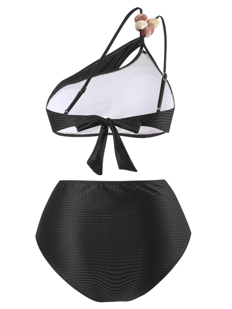 1950er Solide Eine Schulter Strukturiert Stoff Perlenstickerei Bikini Set