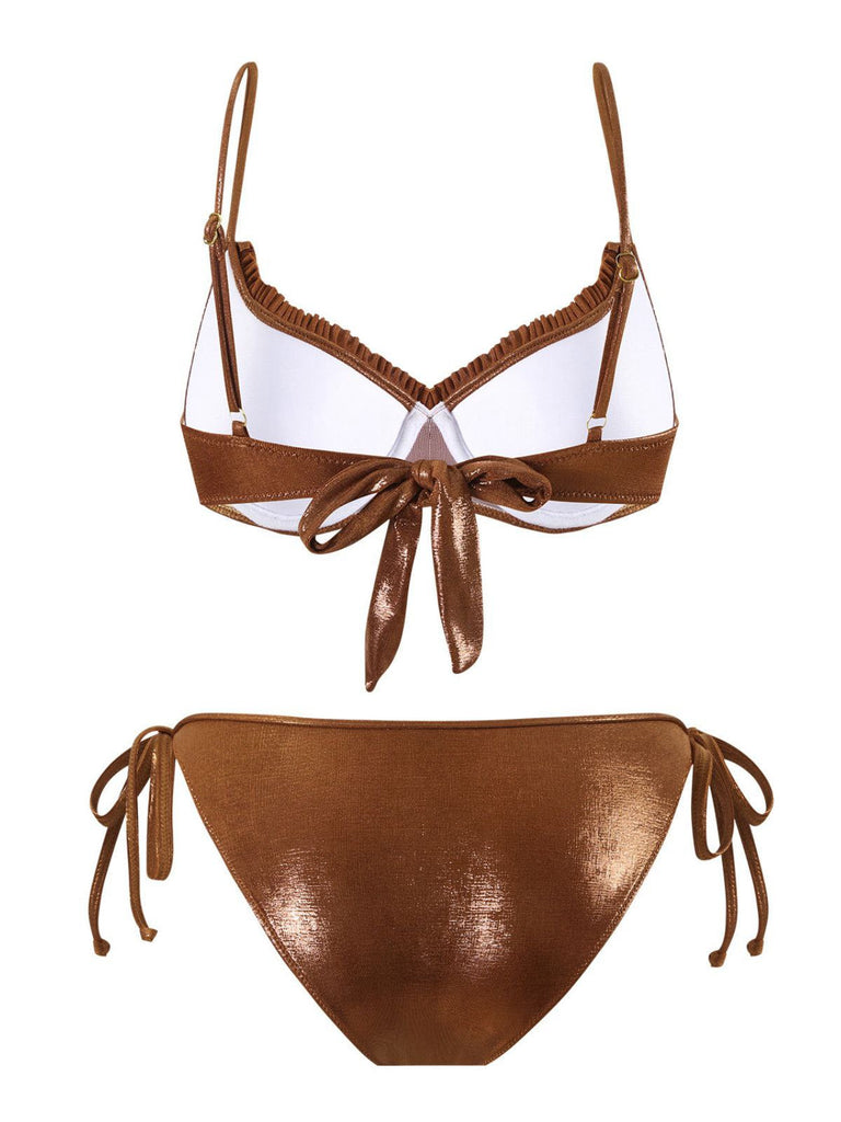 Braun 1950er Glänzend Strassstein Rüschen Bikini Set