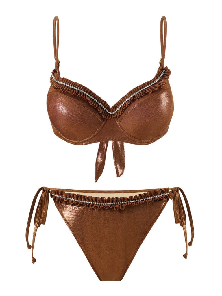 Braun 1950er Glänzend Strassstein Rüschen Bikini Set