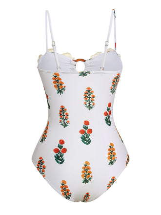 Weiß 1960er 3D-Blume Spaghetti Träger Badeanzug