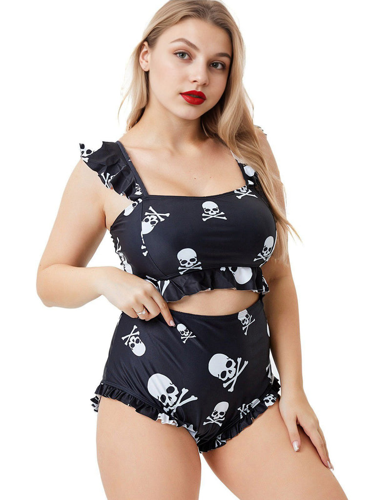 [Übergröße] Schwarz 1980er Gothic Schädel Rüschen Bikini Set