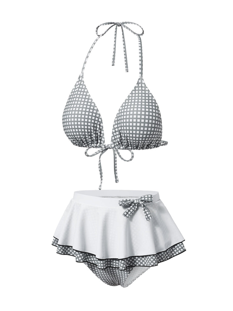 Grau & Weiß 1940er Gingham Plaid Bogen Halfter Bademode