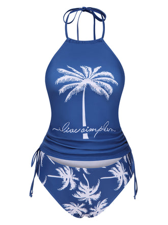 Blau 1970er Tropische Halter Schnürung Bademode