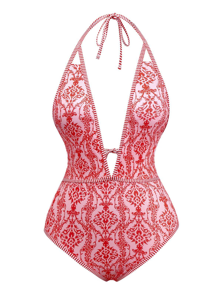 Rot 1970er Tief V-Ausschnitt Halter Barock Bademode