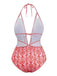 Rot 1970er Tief V-Ausschnitt Halter Barock Bademode