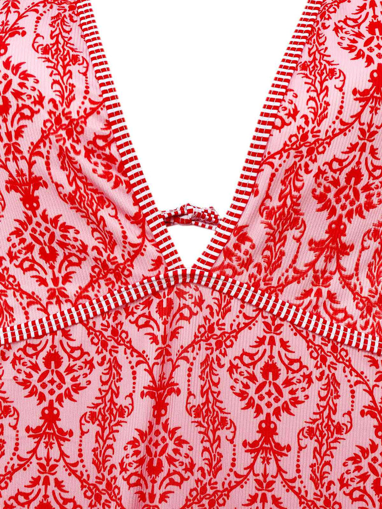 Rot 1970er Tief V-Ausschnitt Halter Barock Bademode