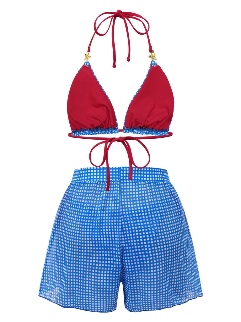 2PCS Blau 1950er Halter Plaid Legierungsstern Bikini Set & Shorts