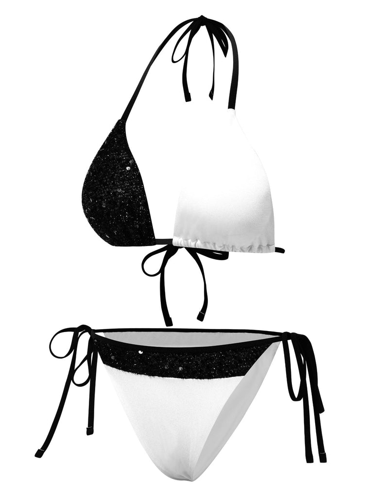 [Vorverkauf] Schwarz & Weiß 1940er Pailletten Patchwork Bikini Set