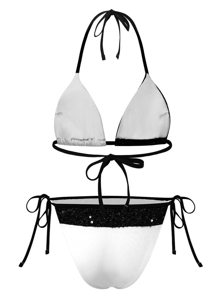 [Vorverkauf] Schwarz & Weiß 1940er Pailletten Patchwork Bikini Set