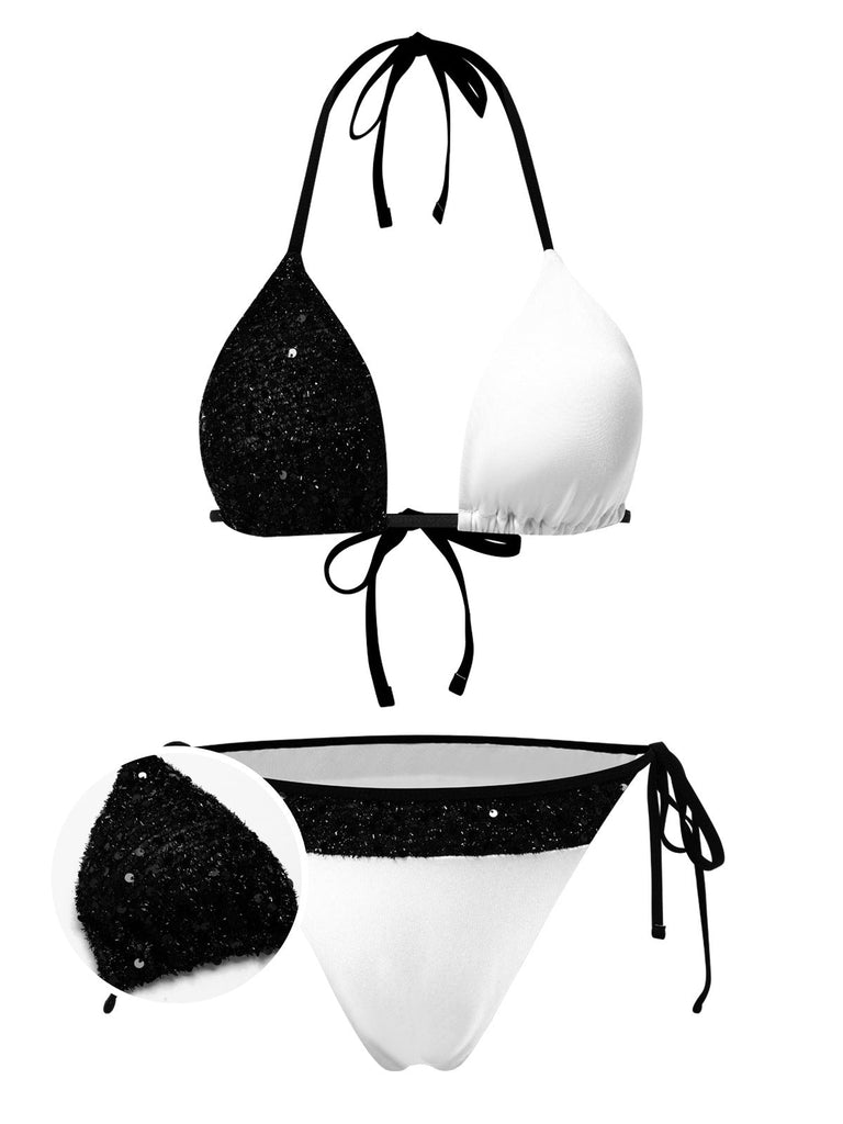 [Vorverkauf] Schwarz & Weiß 1940er Pailletten Patchwork Bikini Set