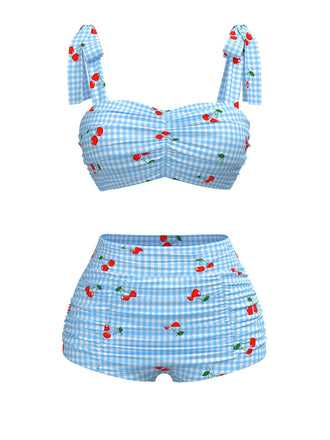 Blau 1950er Kirsche Plaid Schnürung Badeanzug