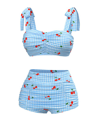 Blau 1950er Kirsche Plaid Schnürung Badeanzug