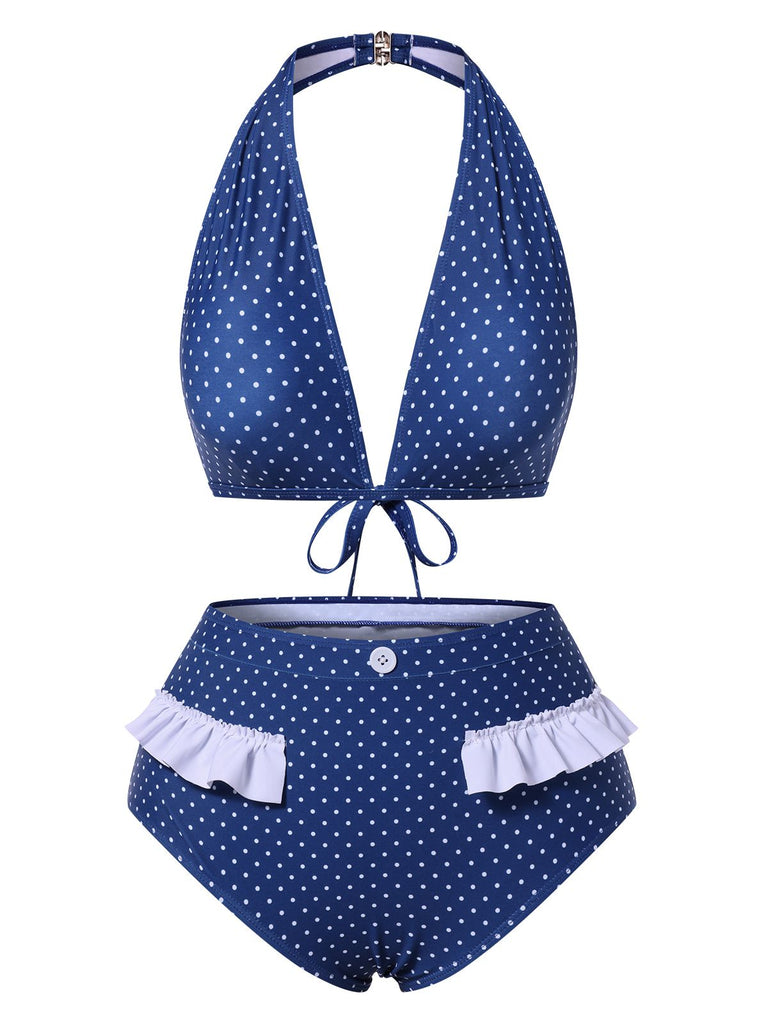 [Vorverkauf] Blue 1950er Rüschen Halter Polka Dots Bademode