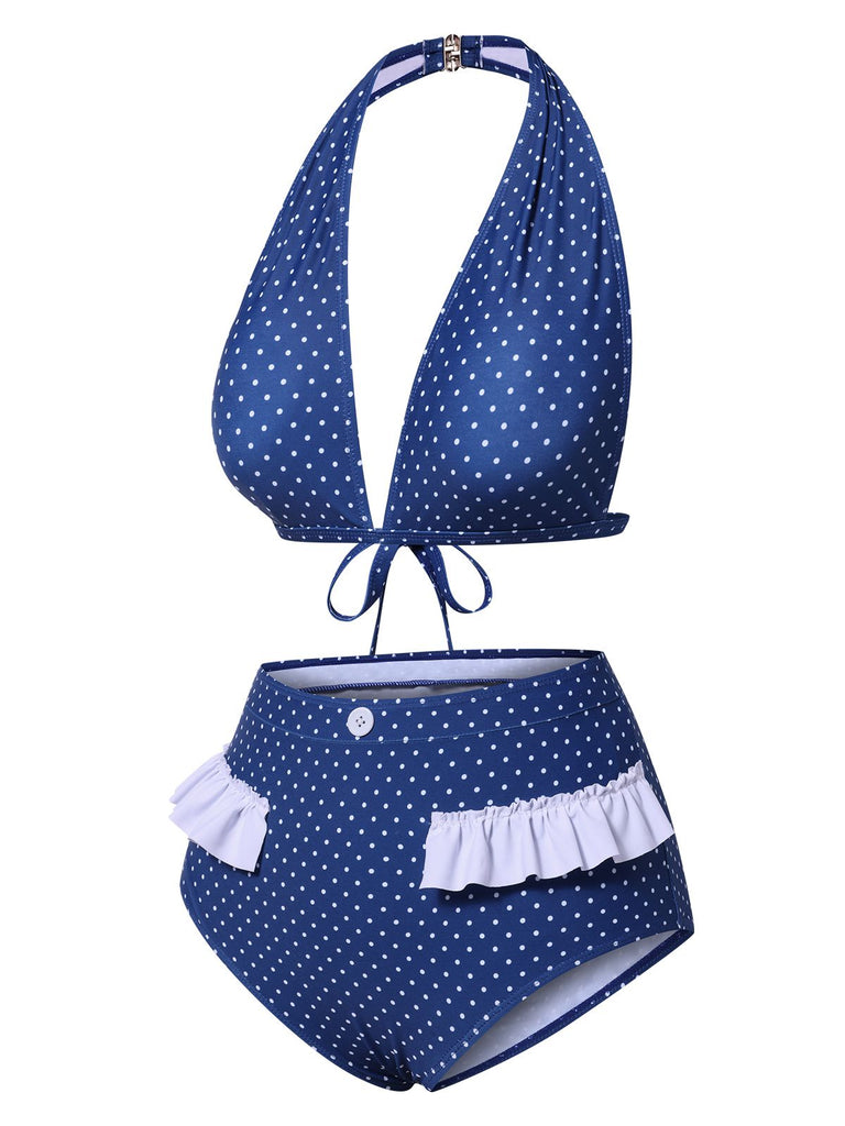 [Vorverkauf] Blue 1950er Rüschen Halter Polka Dots Bademode