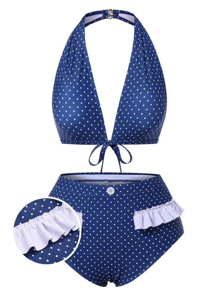 [Vorverkauf] Blue 1950er Rüschen Halter Polka Dots Bademode