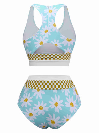 Blau 1960er Gänseblümchen Check Tankini Set