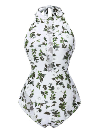 2PCS Grün 1930er Blatt Halter Badeanzug & Cover Up