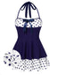 Blau 1940er Tupfen Patchwork Halfter Badekleid