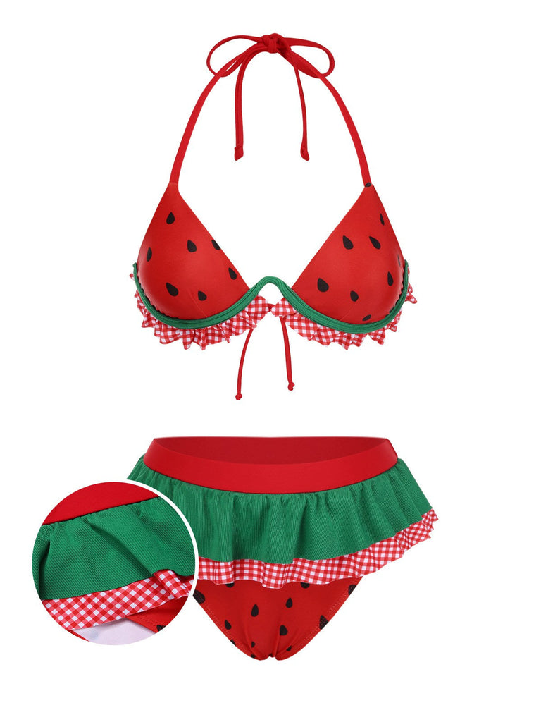 Rot 1950er Wassermelone Rüschen Bikini Set