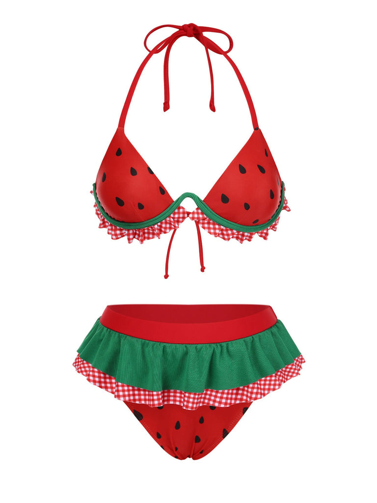 Rot 1950er Wassermelone Rüschen Bikini Set