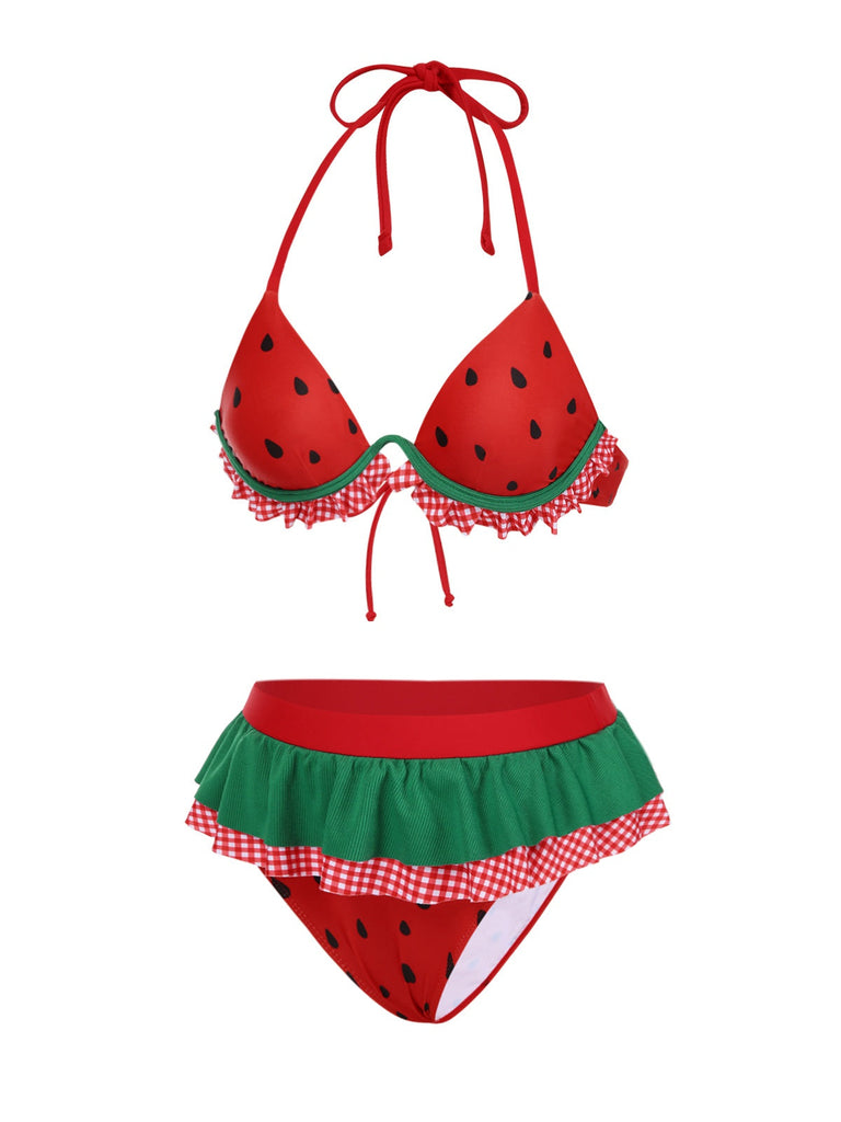 Rot 1950er Wassermelone Rüschen Bikini Set