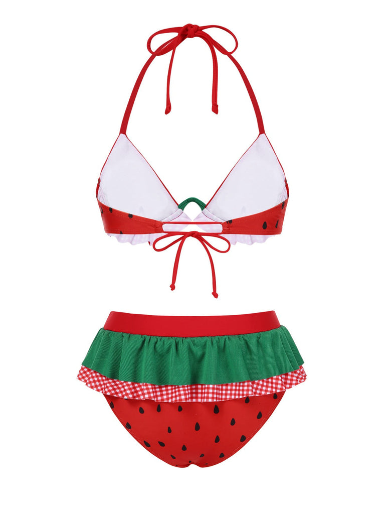 Rot 1950er Wassermelone Rüschen Bikini Set