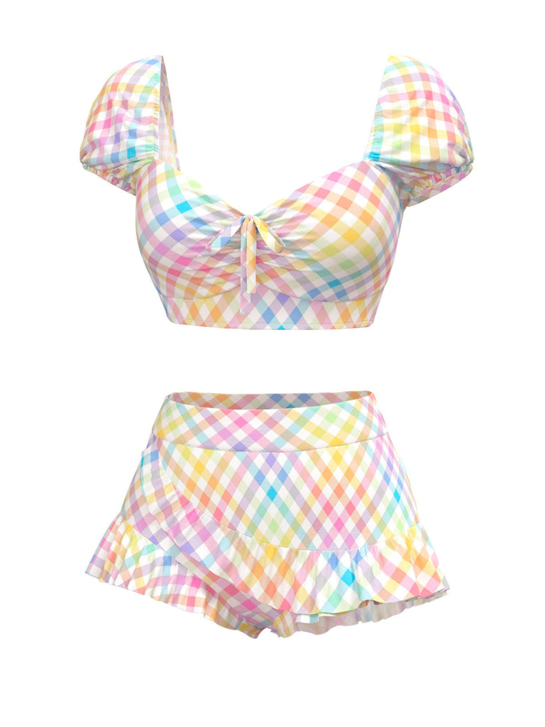 Mehrfarbig 1970er Puff Gingham Plaid Tankini Set