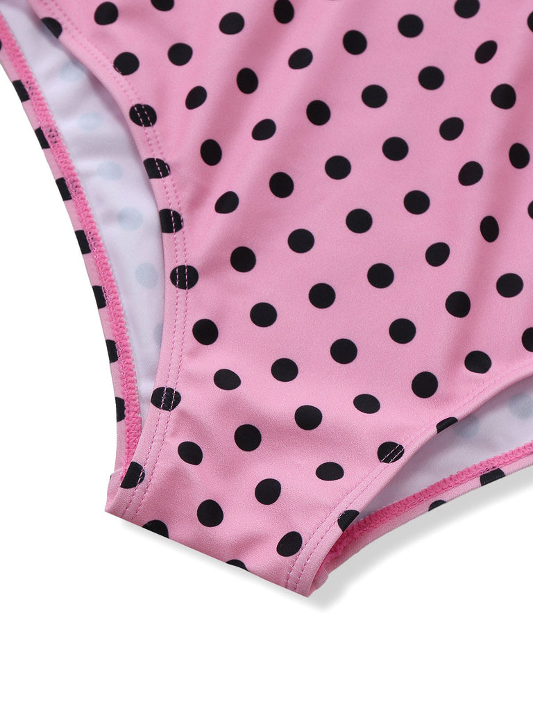 [Vorverkauf] Rosa 1960er Polka Punkt Spitze Einteiliger Badeanzug