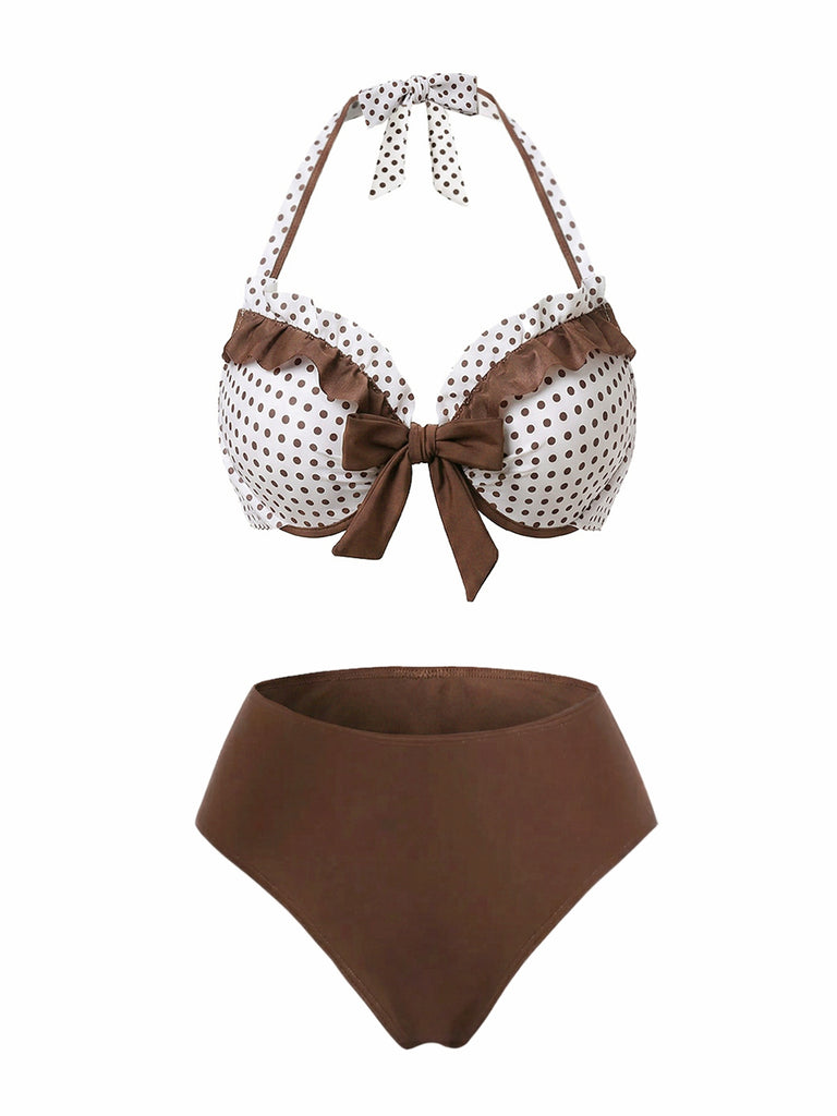[Vorverkauf] Braun 1970er Tupfen Rüschen Halter Bikini Set & Cover-Up