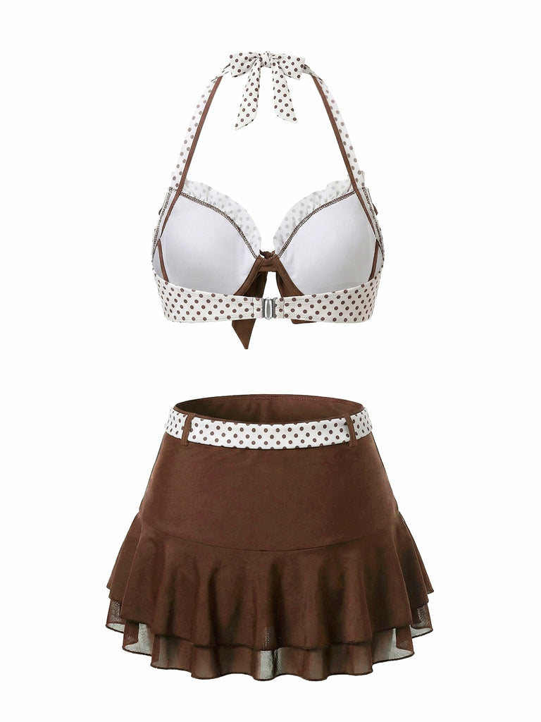 [Vorverkauf] Braun 1970er Tupfen Rüschen Halter Bikini Set & Cover-Up