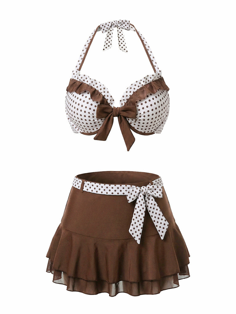 [Vorverkauf] Braun 1970er Tupfen Rüschen Halter Bikini Set & Cover-Up