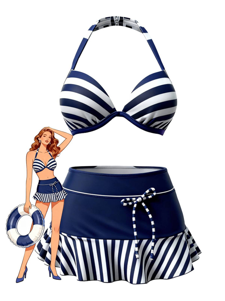 [Vorverkauf] Marineblau 1940er Streifen Bikini Set