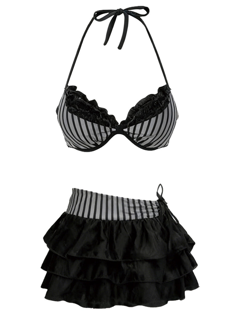 [Vorverkauf] 2PCS Grau 1960er Streifen Bikini Set & Gestuft Cover-Up
