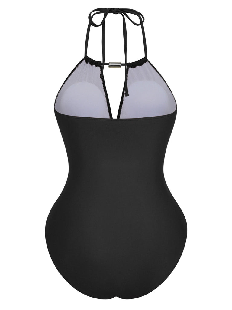 1940er Gerafft Tiefer V-Ausschnitt Halter Einteiliger Badeanzug