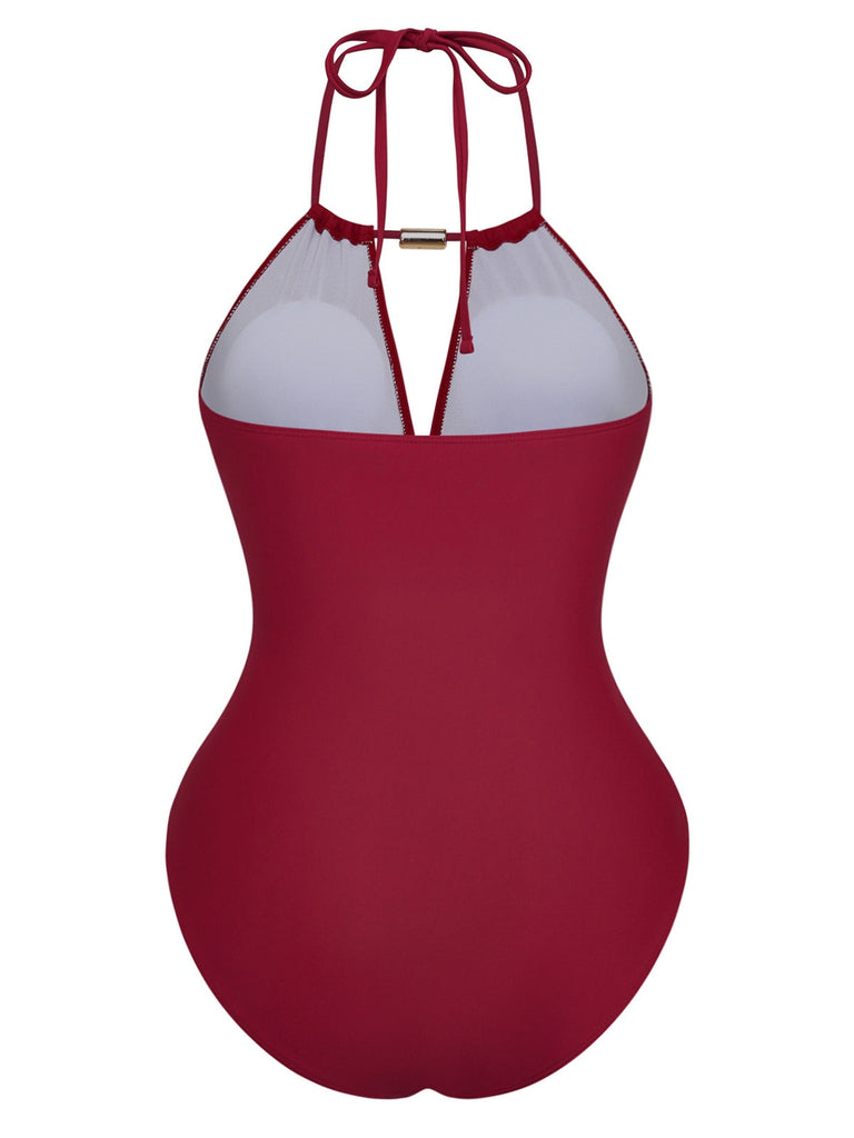 1940er Gerafft Tiefer V-Ausschnitt Halter Einteiliger Badeanzug