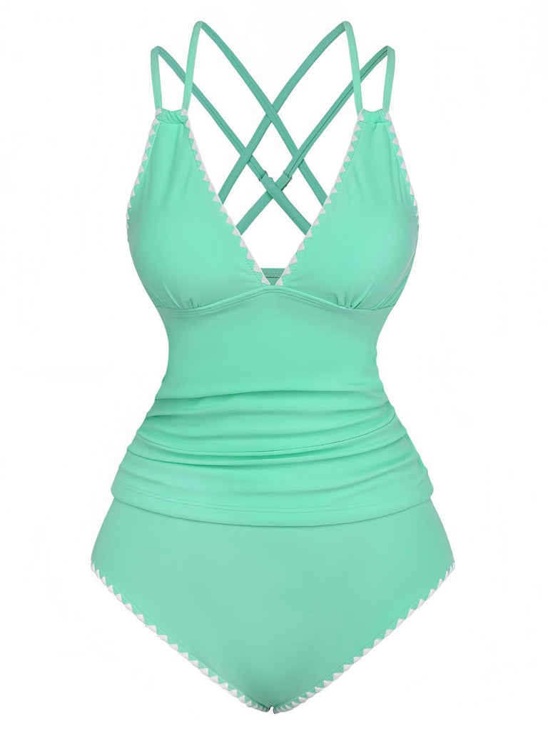 1940er Farbblock Tiefer V-Ausschnitt Rücken-Kreuzung Tankini Set