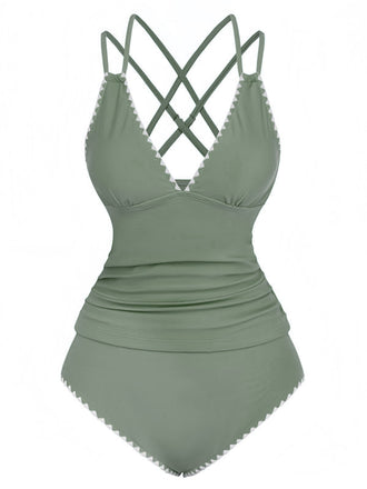 1940er Farbblock Tiefer V-Ausschnitt Rücken-Kreuzung Tankini Set